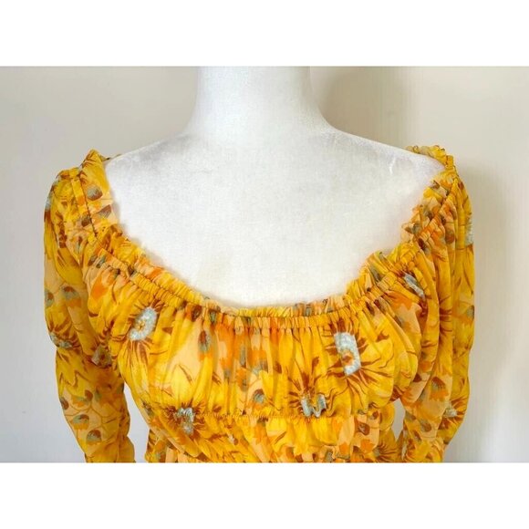 NWT URBAN OUTFITTERS Isla Top Sz Medium Yellow Sunflower Crop Top Ruched Sleeves - Picture 3 of 7